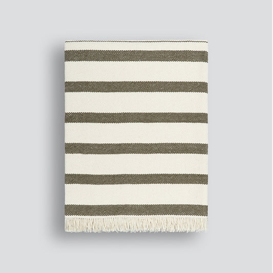 Outdoor PET fibre light throw with avocado green and white stripe