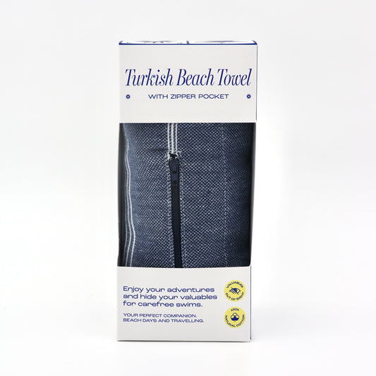 Turkish Beach Towel with Zipper Pocket - Navy Blue