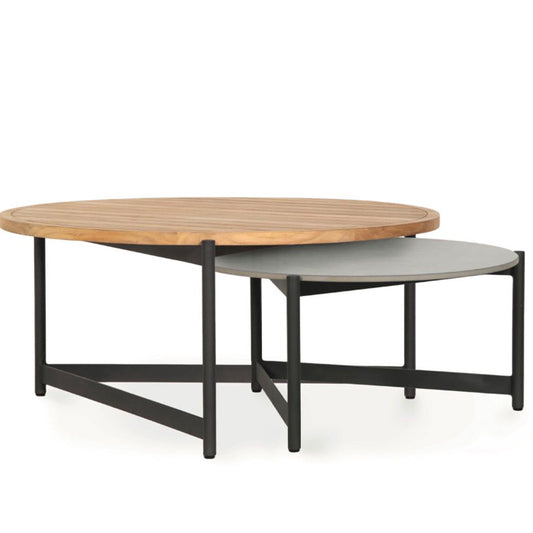 Nested outdoor coffee tables.  Teak and ceramic.  High quality