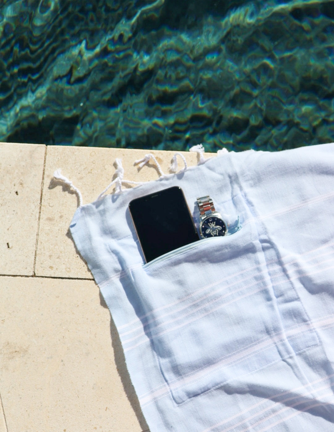 Turkish Beach Towel with Zipper Pocket - Baby Blue