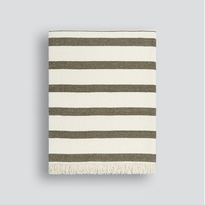 Outdoor PET fibre light throw with avocado green and white stripe