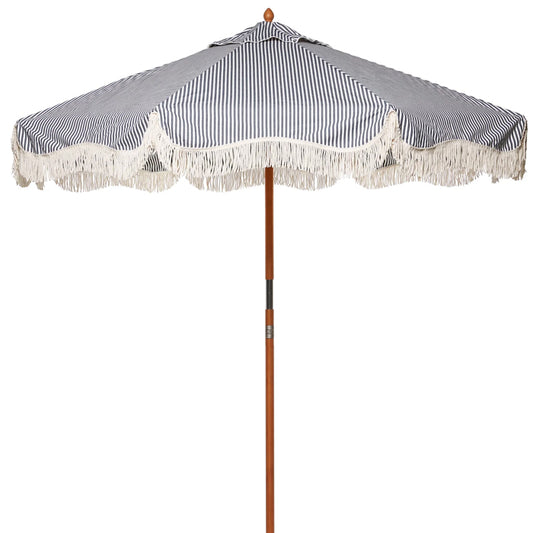 Business and Pleasure market navy and white stripe outdoor umbrella