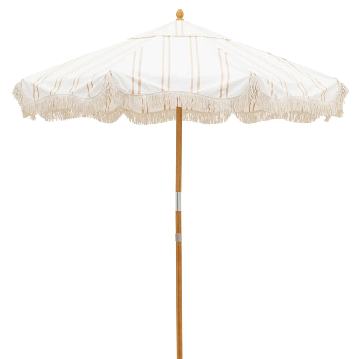 Business and Pleasure market sand and white stripe outdoor umbrella