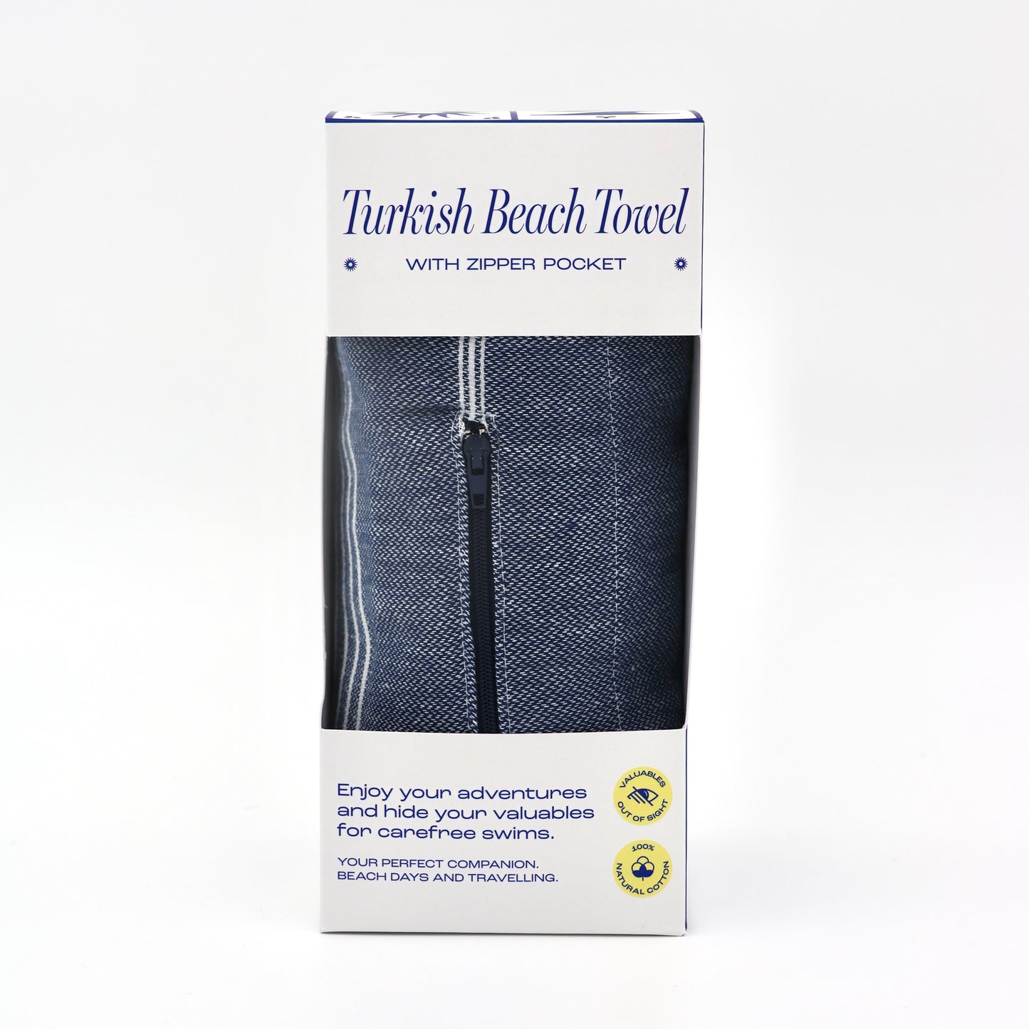 Turkish Beach Towel with Zipper Pocket - Navy Blue