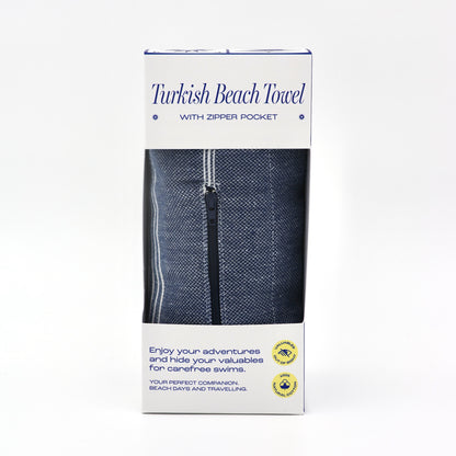 Turkish Beach Towel with Zipper Pocket - Navy Blue