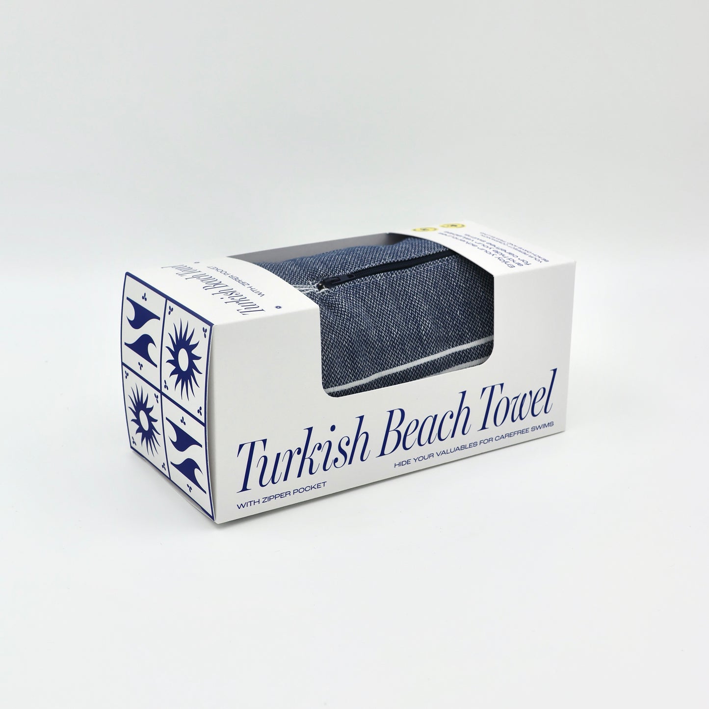 Turkish Beach Towel with Zipper Pocket - Navy Blue