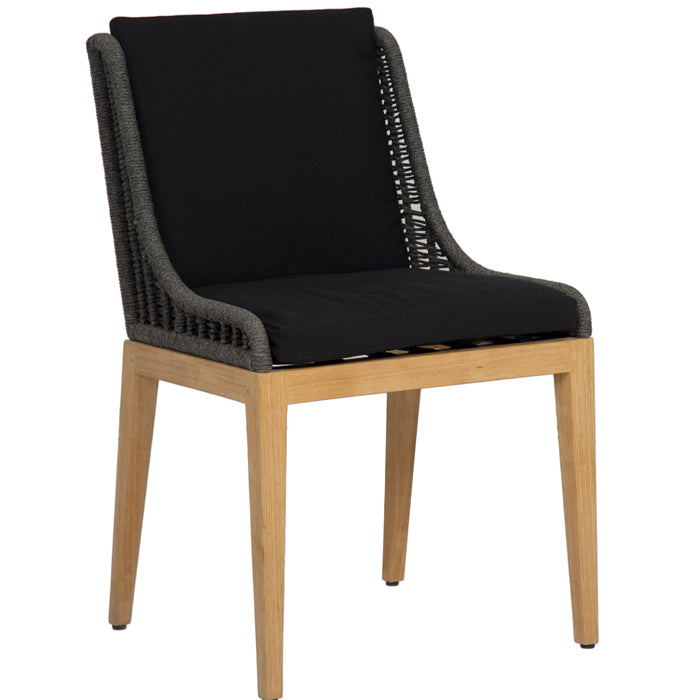 Teak outdoor dining chair, dark charcoal rope sturdy woven back with charcoal cushions. High quality and luxurious