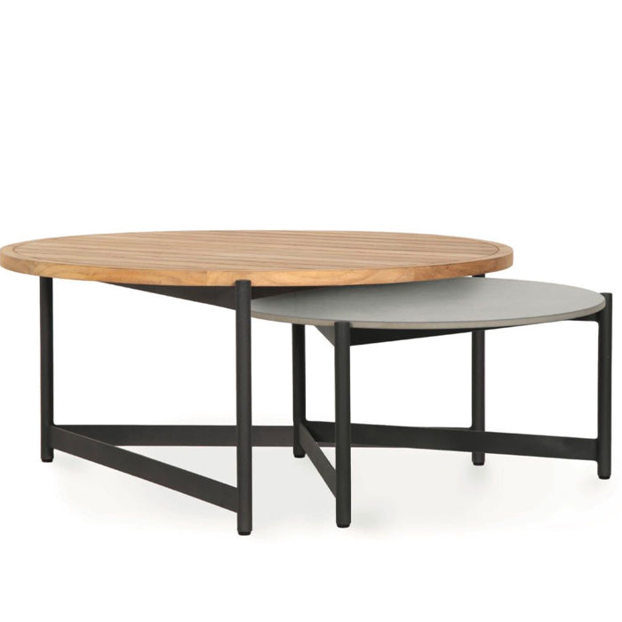 Nested outdoor coffee tables.  Teak and ceramic.  High quality
